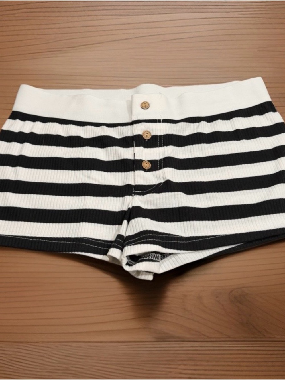 SHEIN Black & White Striped Ribbed Shorts with Button Front
